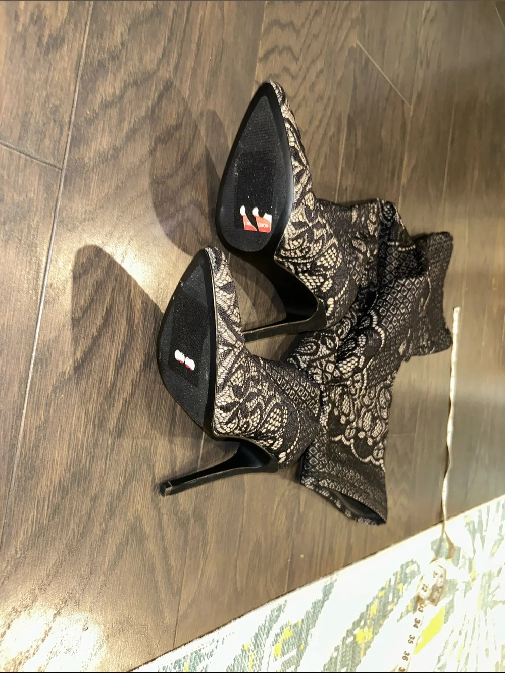 Steve Madden Black and Cream Lace-Pattern Over-the-Knee Stiletto Boots